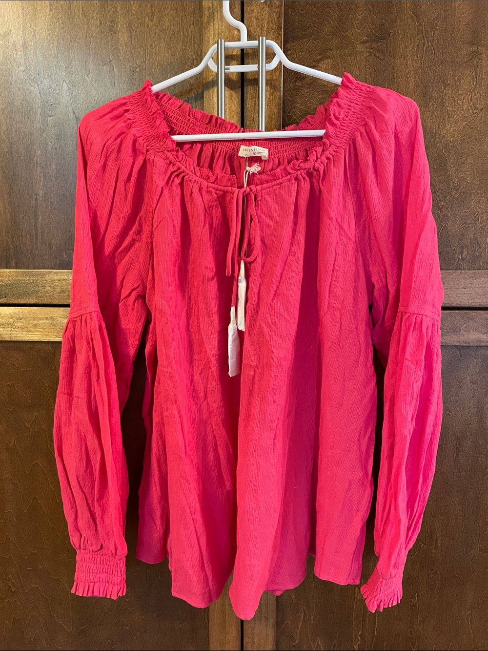 Lovestitch Women's Pink Peasant Blouse with Tie Neck
